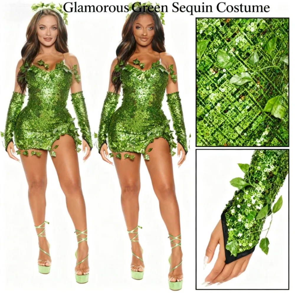 Nature Goddess Halloween Costume Women's Deluxe Dress with Glittering Sequins Gloves Headpiece for Fantasy Role Play