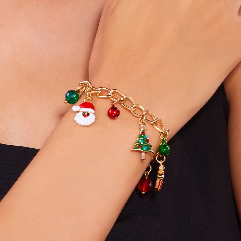 Santa Claus Star Christmas Tree Snowman Enamel Tassel Bracelet For Women Girl Christmas Charm Bracelet Party  Jewelry