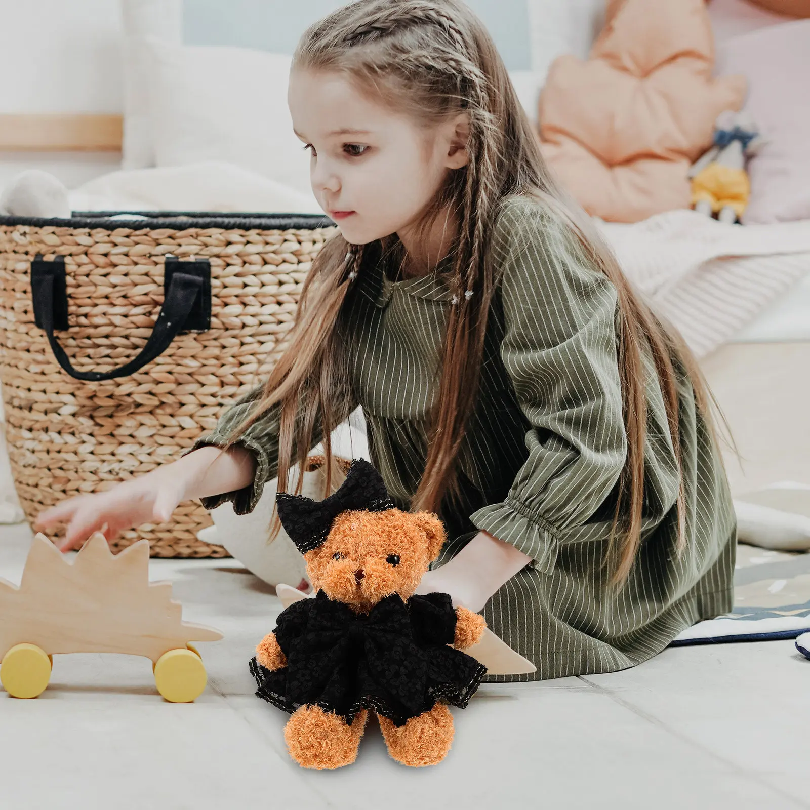 

Elegant Gold Trim Evening Gown Dress Bowknot Skirt Soft Stuffed Animal Outfit for Birthday Parties Children Day Family