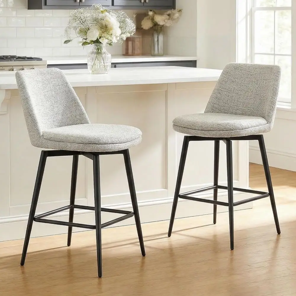 

Upholstered Counter Height Bar Stools Set of 2, Light Grey Fabric, Metal Legs