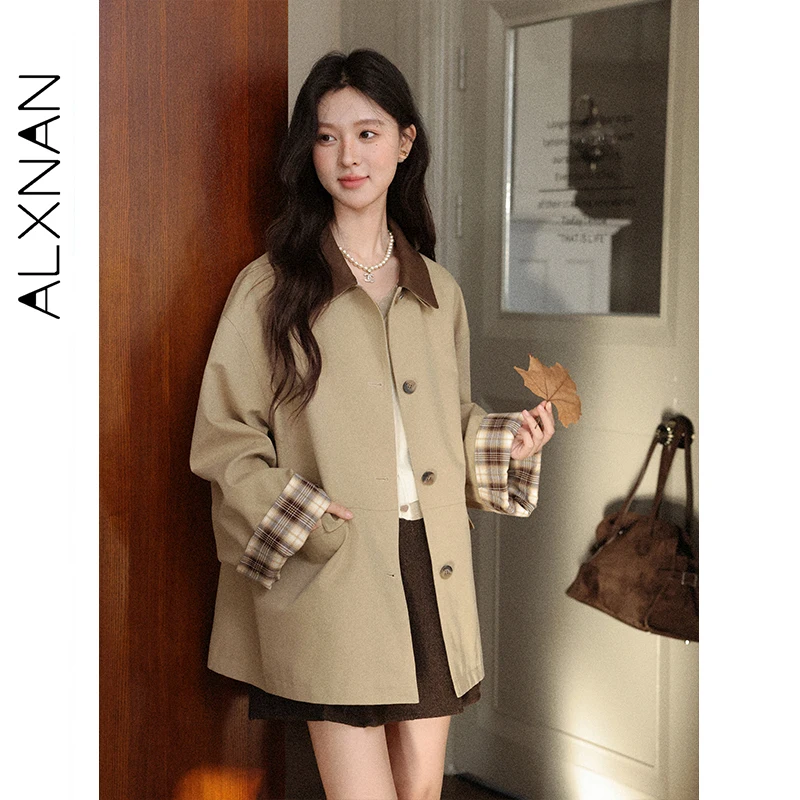

ALXNAN Khaki Trench Coat Fall Loose-fit Women's Windbreaker Contrast Color Detachable Collar Plaid Patchwork Cuffs Coats L57852