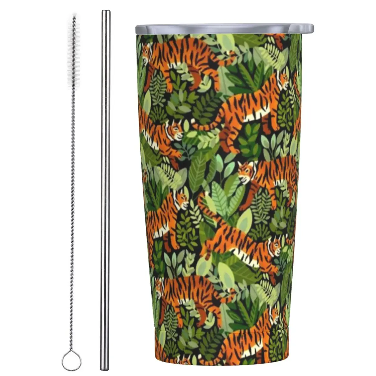 Vaso de acero inoxidable con estampado de tigre de Bengala, tazas de viaje para coche de jungla verde, tazas térmicas, botella de agua portátil para té de la leche y bebida fría