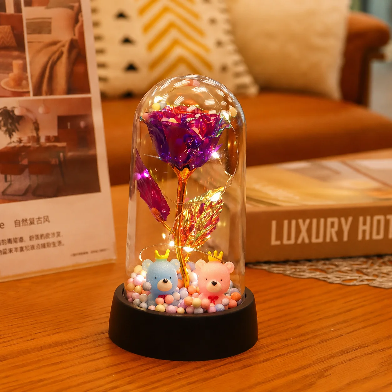 Führte Valentinstag Geschenk für Freundin ewige Rose Licht 24 Karat Goldfolie Blume in Glas abdeckung Muttertag Hochzeit Brautjungfer Geschenk