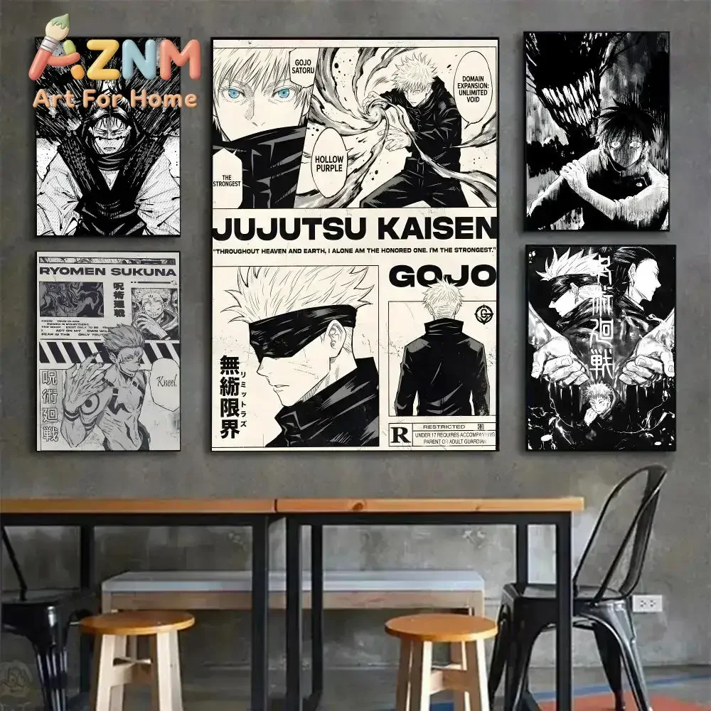 AZNM Jujutsu Kaisen Black White Manga Panel Canvas Wall Art Frameless Anime Print Poster for Home Bedroom Wall Decor