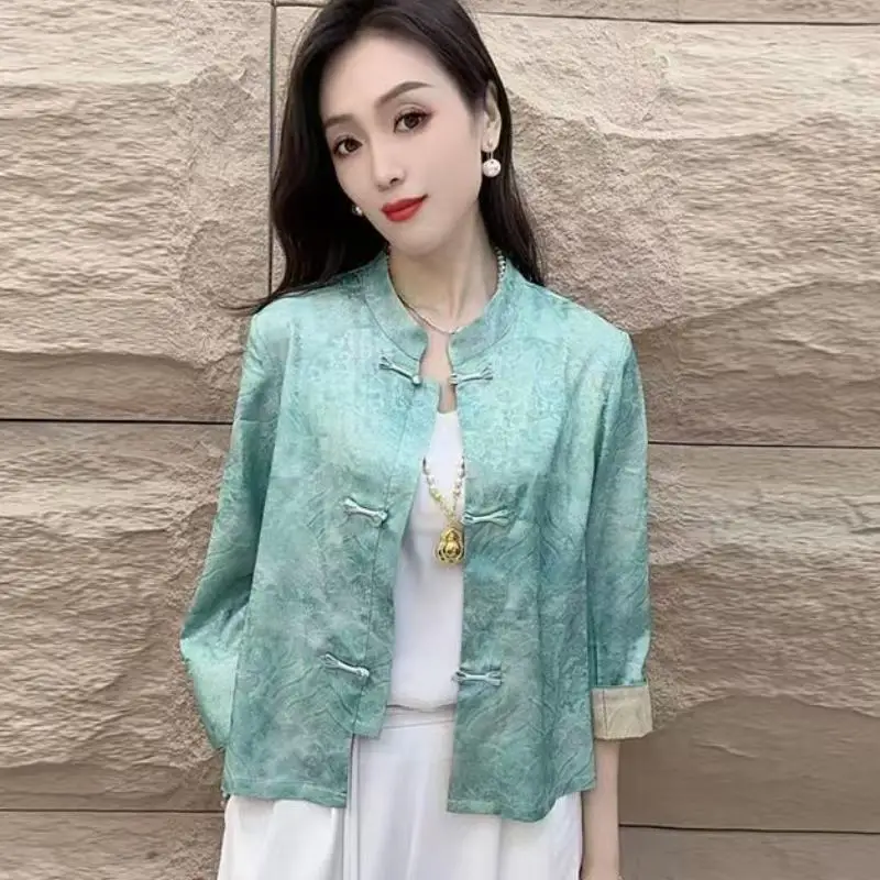 2026 Spring Autumn New Women Clothing Chinese Style Stand Up Collar Jacquard Tops with Stylish Versatile Style Nine Sleeve Coat - view 6