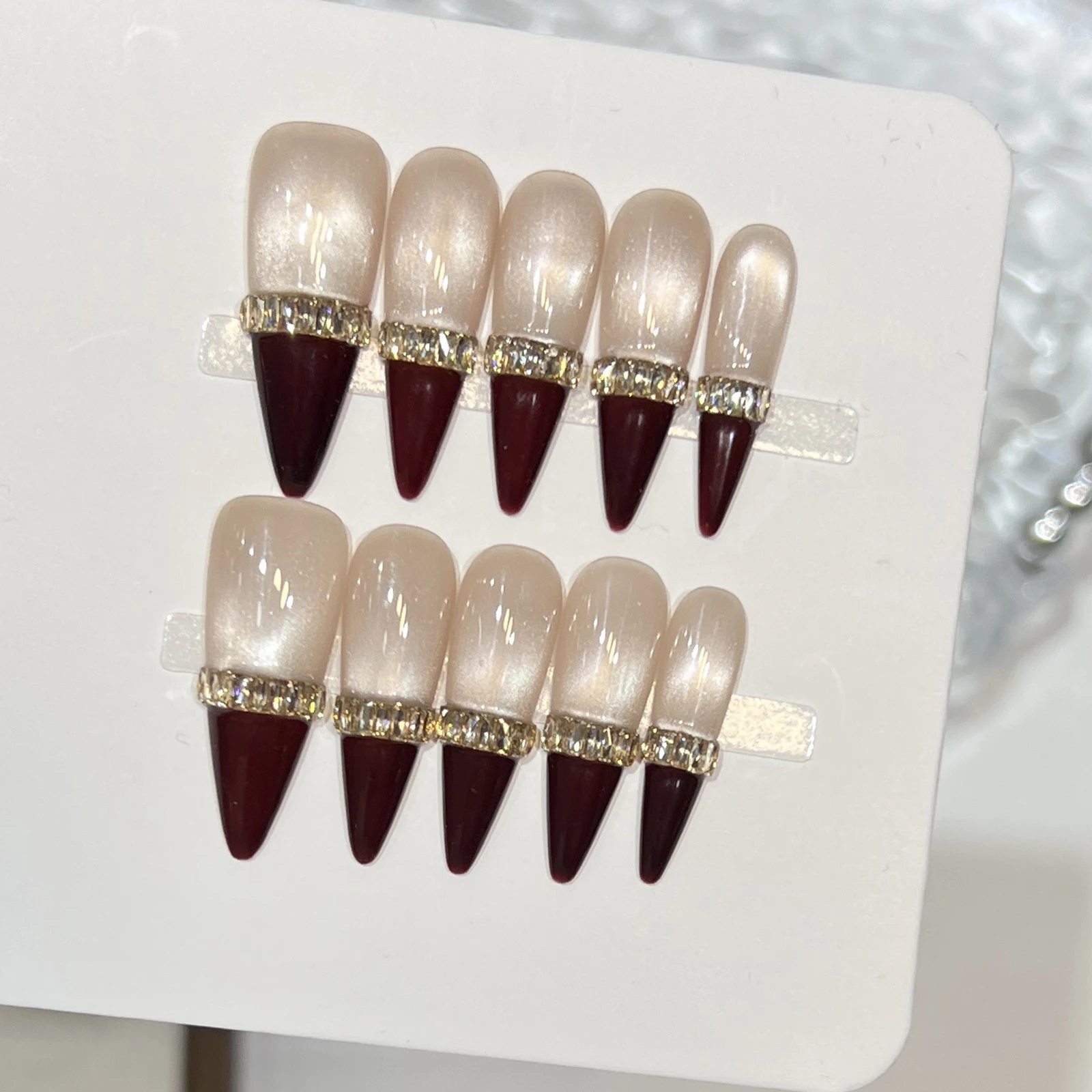 10pcs Champagne French Nails with Glass Beads Cat Eye Rhinestones Handmade Fake Nails for Wedding Party Formal Events