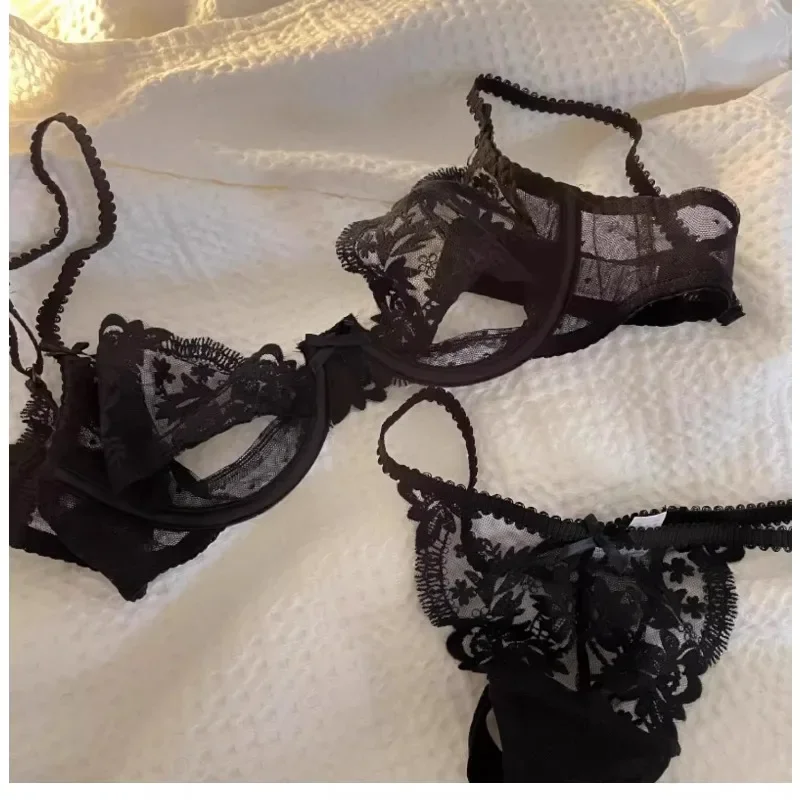 French Lace Bra & Panty Set w/Steel Rings Ultra-Thin Push-Up Bralette Small Bust Sheer White Sexy Lingerie Pure Seductive Style