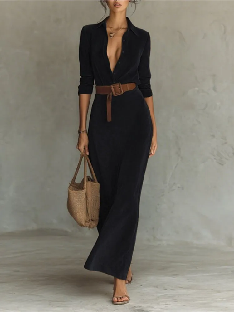 Women's Minimalist Solid Dress Fashion Belted Lapel Long Sleeves Shirts Dresses Spring Autumn Lady High Waisted Office Vestidos