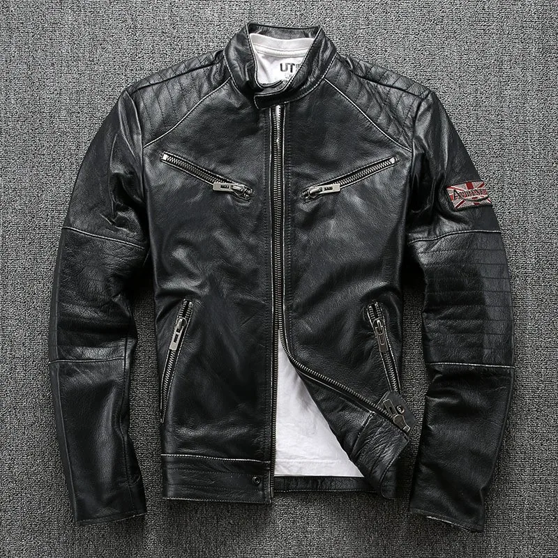 Men's stand-up collar motorcycle casual embroidered leather made of cowhide