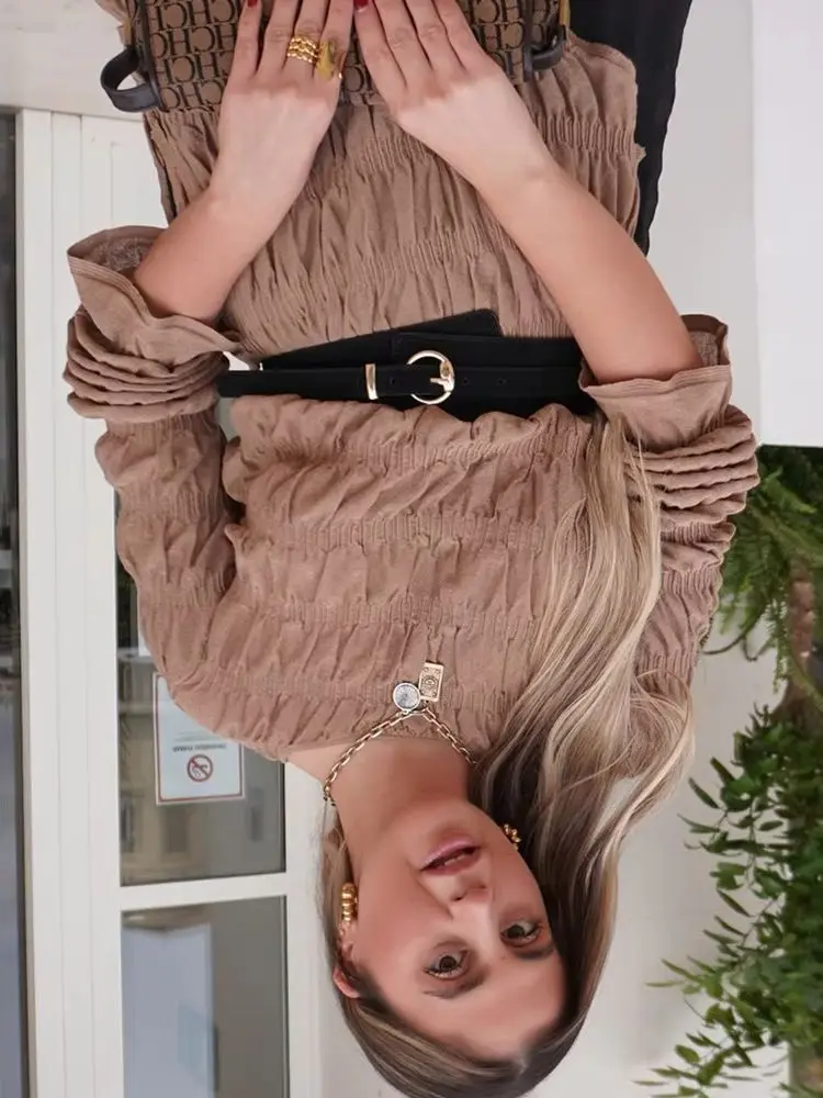 

HH Women 2025 Autumn Fashion Lace-up Crew Neck Long Sleeve Knit Top Female Elegant Asymmetric Hem Pleated Casual Top Mujer