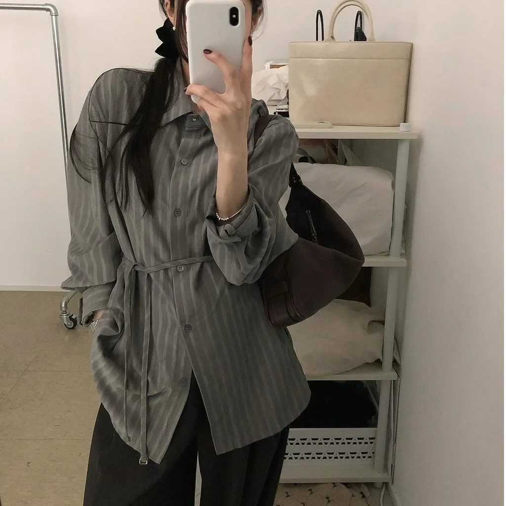 Women's Chic Vintage Casual Stripe irt Belted Waist Long Sve Tie Dye Autumn Versatile Top Comfortable Breathable Loose Fit