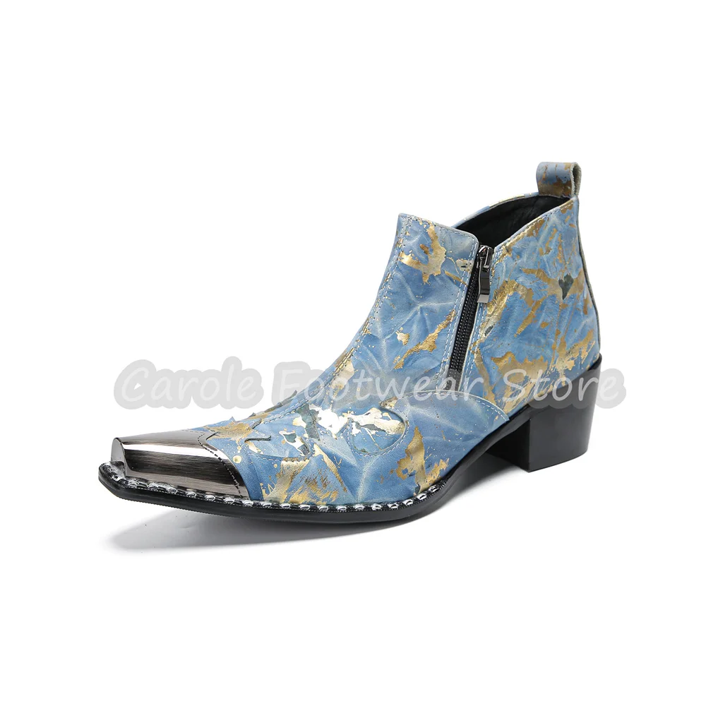 Luxury Gold Foil Print Male Genuine Leather Short Boots Metal Pointed Toe Side Zipper Western Cowboy Boots Wedding Daily Shoes view 6