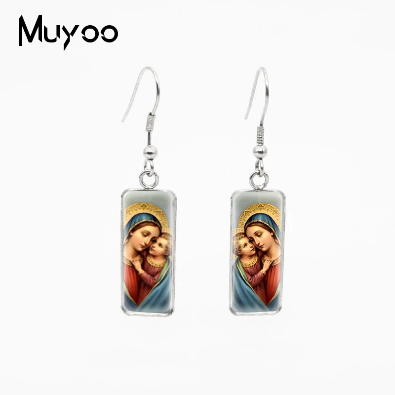 Jesus Christ Mother Mary Rectangle Fish Hook Earrings Jesus and Virgin Mary Jewelry Stainless Steel Fish Hook Earrings