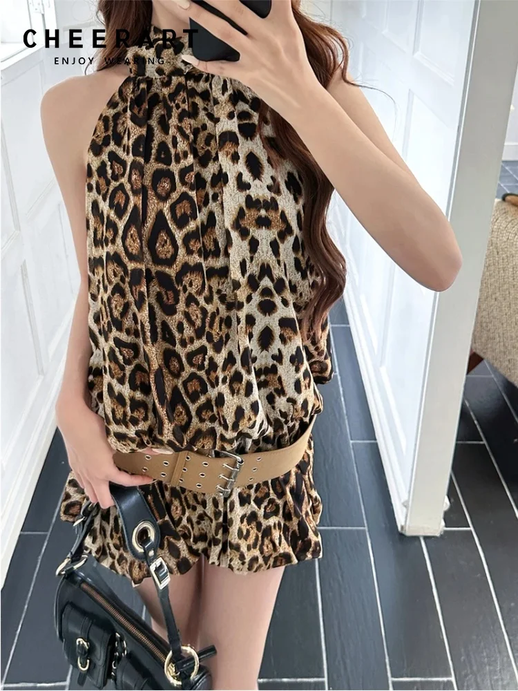 

CHEERART шифоновое короткое платье без рукавов с леопардовым принтом для женщин, модное летнее коричневое коктейльное мини-платье Y2k, одежда