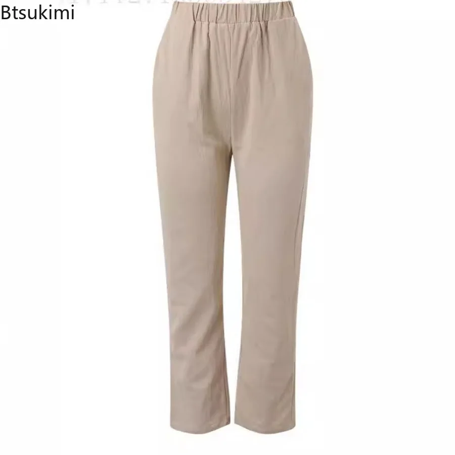 Pantalon Droit en Coton et Lin pour Femme, Poches, Décontracté, Surintendant, Tempérament Simple, 2024