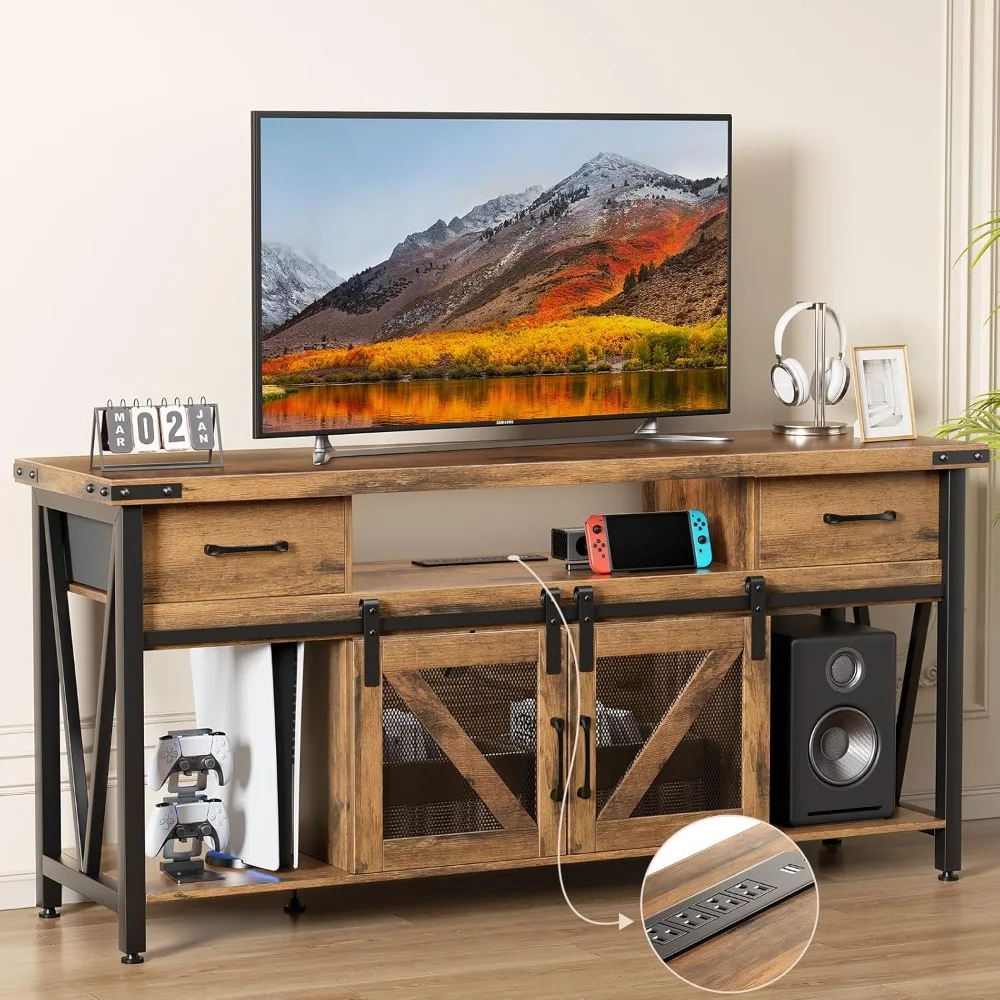 TV Stand for 75 Inch TV,Tall Rustic Brown TVs Console Tables with Power Strip and Storage,63 inch Wide Entertainment Center