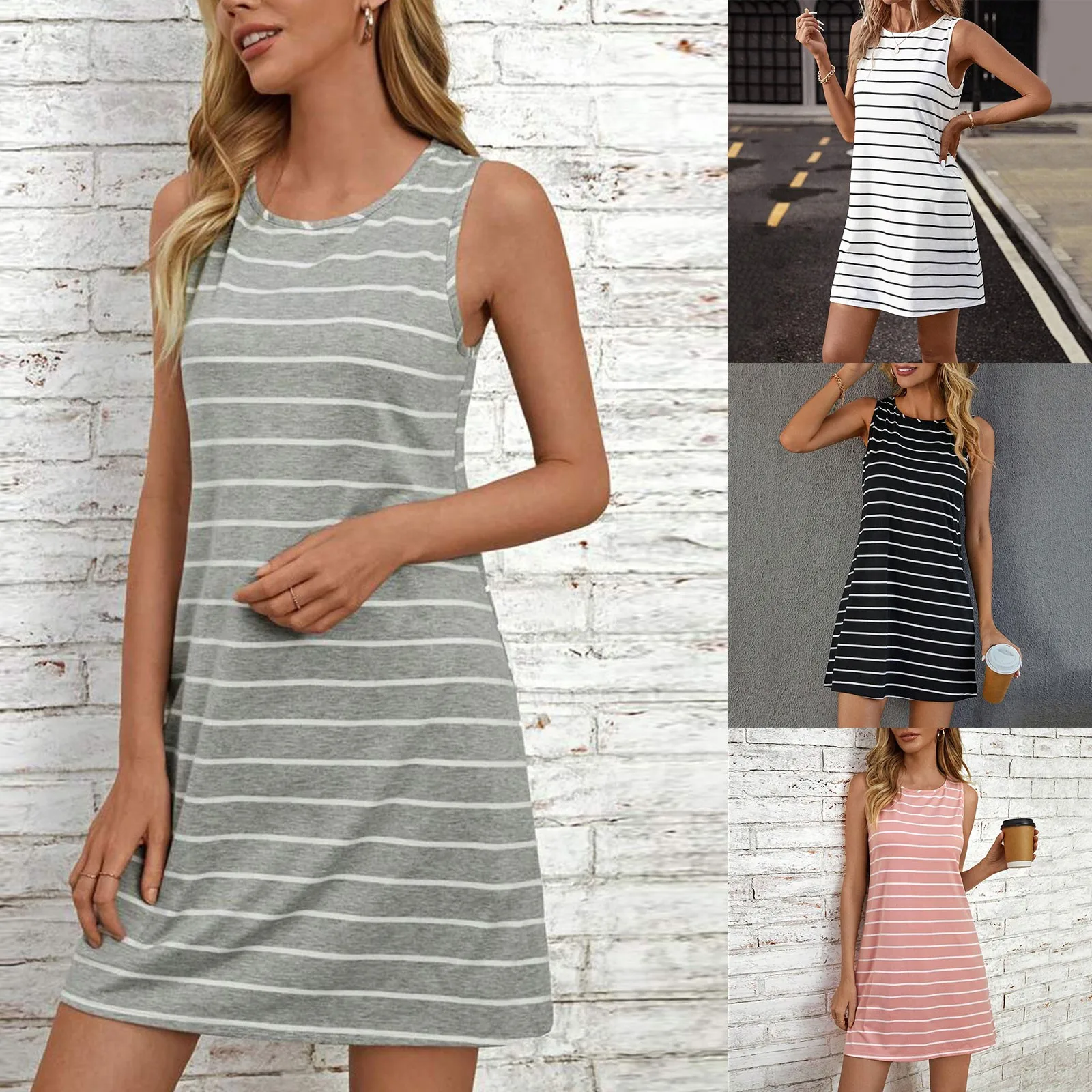 

V Neck Sundress New Striped Skirt Casual Home Midi A Line Skirt Loose Crew Neck Breathable Sleeveless Dress Knee Length Maxi