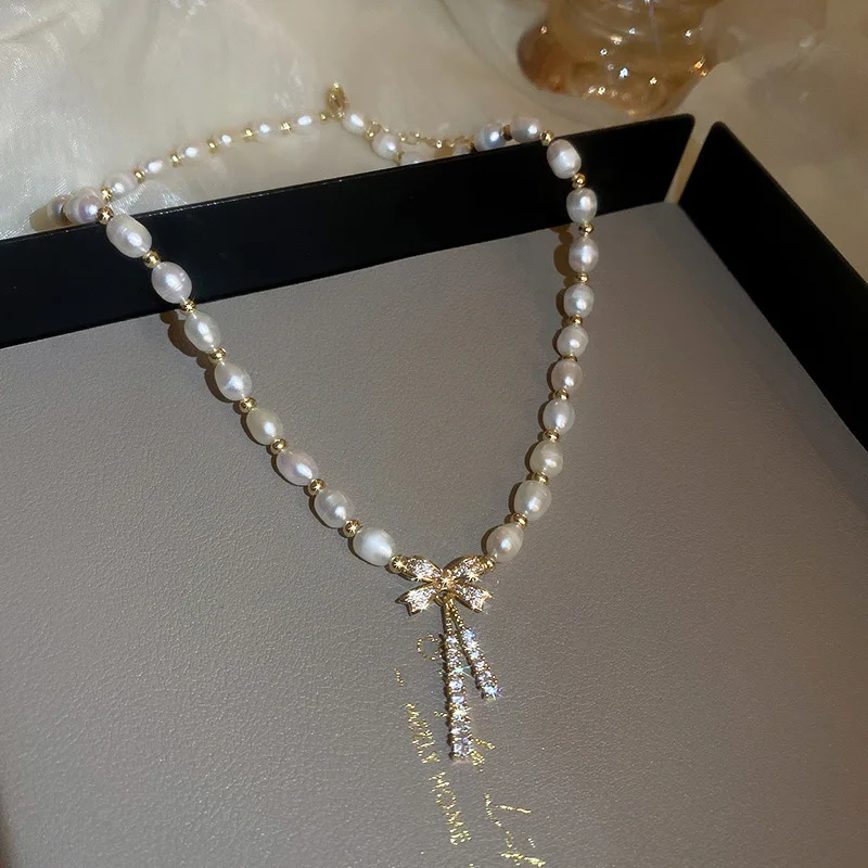 100% Natuurlijke Zoetwater Parel 14K Gold Filled Trendy Shiny Cz Zirkoon Strik Vrouwelijke Ketting Sieraden Voor Vrouwen Kettingen Geschenken