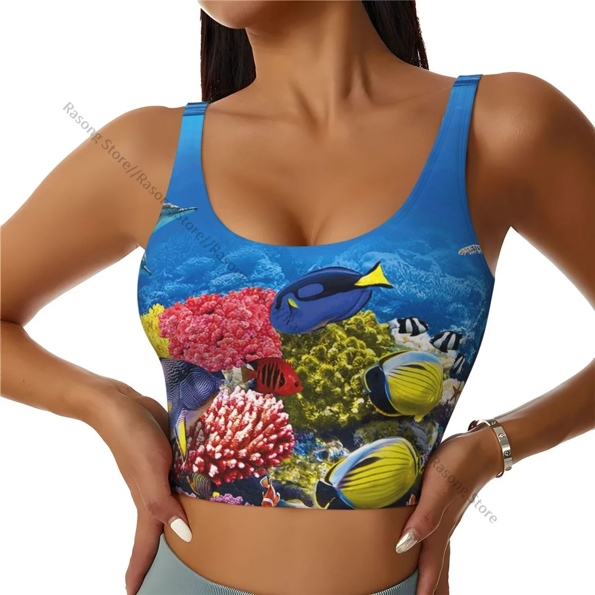 Yoga Vest Women Gym Sports Crop Tops Underwater Coral Reef Streetwear Workout Breathable Tank Top Female