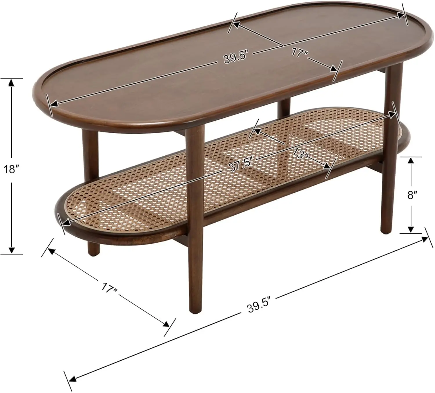 Walnut Rattan Coffee Table, 39.5 Oval Center Table with Storage Shelf, Modern 2-Tier Wood Side Table for Bedroom Small Space