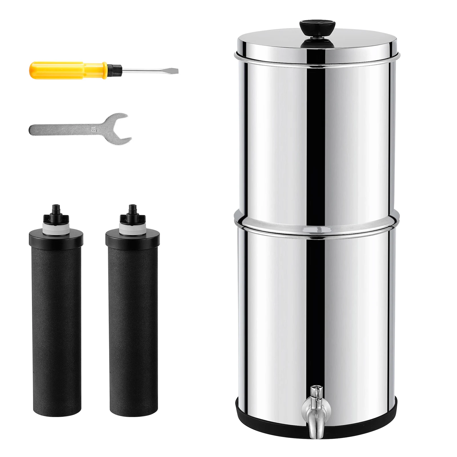 Gravity-fed Water Filter System, 1.5G 304 Stainless-Steel Countertop System, Reduces Lead and up to 99% of Chlorine, Featuring 2 Carbon Filters & Spigot, Water Filtration System