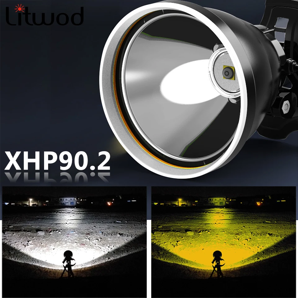 Xhp90.2 Wit Gele Kleur Led Koplamp Hoofd Lamp Zaklamp Fakkel 32W XHP50 3*18650 Batterij Power Bank 7800Mah Licht