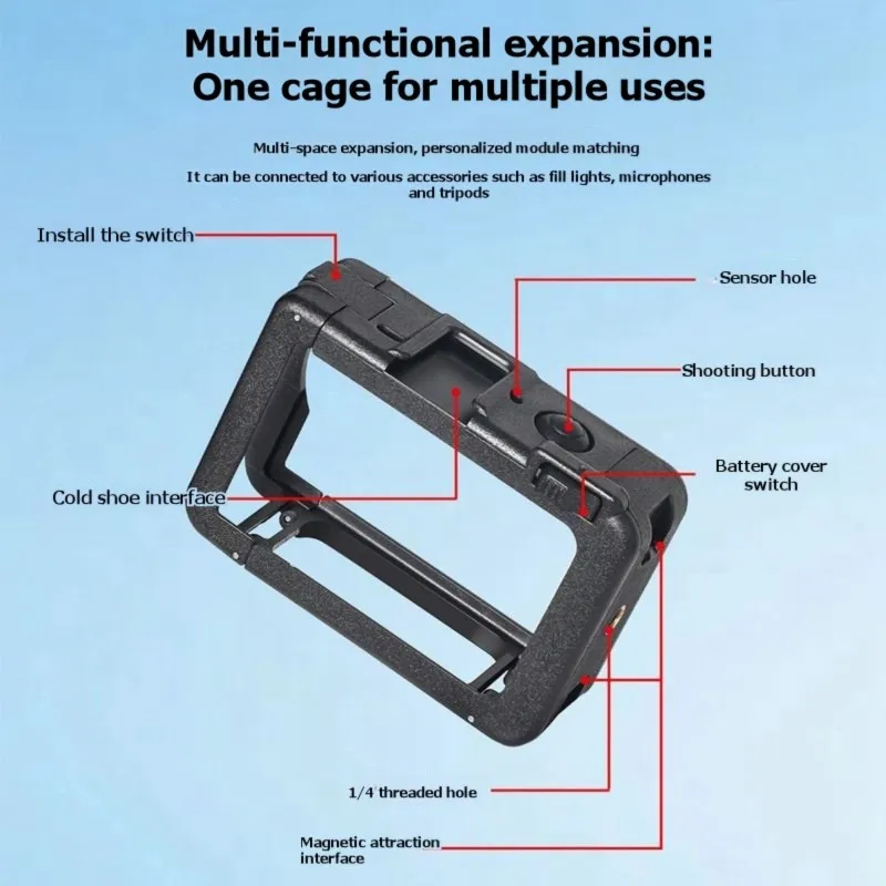 B92B Protective Cage for DJI Action 6 Multi-Functional Expansion Frame ABS Scratch-resistant Case with Cold Shoe