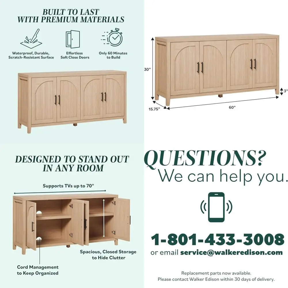 

Sasha 4-Door Reeded Sideboard Buet with Cord Management, 60 Inch, al Oak