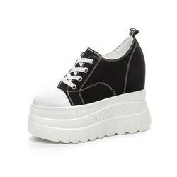 High quality 12cm Synthetic Genuine Leather Boot Ankle Women Autumn Spring Cowboy Platform Wedge High Brand Chunky Sneaker Shoes