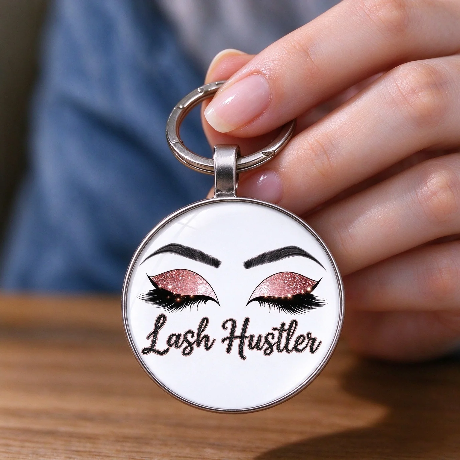 2D Flat, 1pc, Lash Hustler Time Gem Keychain with a Leopard Eyelash Pattern, Practical and Fashionable, Compact and Lightweight.