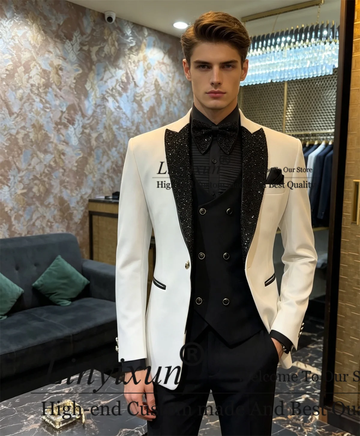 High End Diamond Stone Men Suit 3 Pieces Set Wedding Party ropa hombre Customized Glitter Sequin Lapel Groom Male Party Blazers