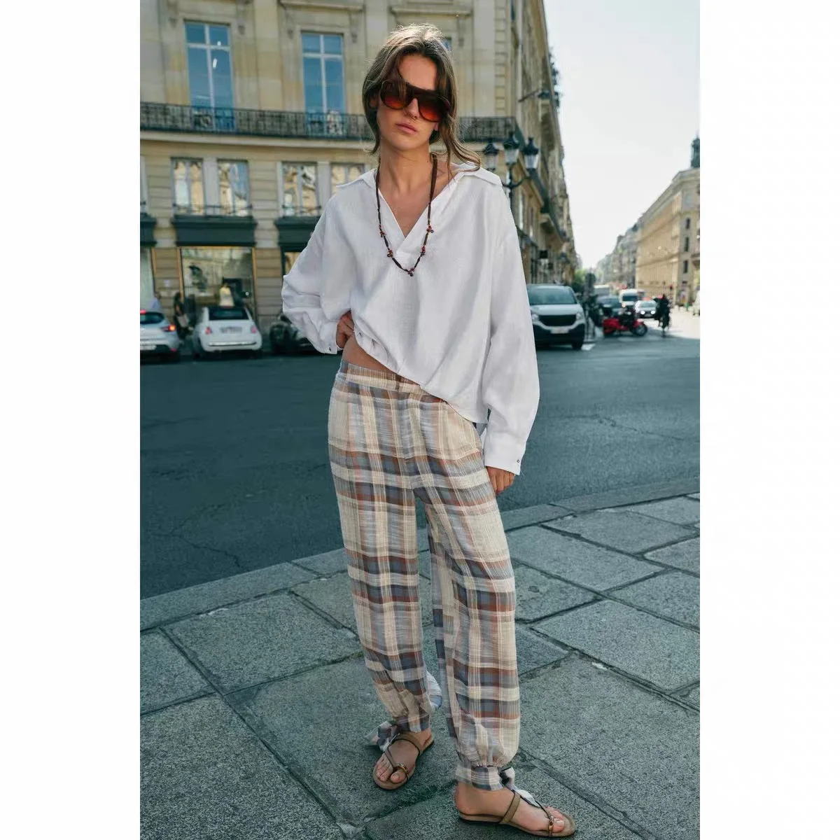 Fashionable Checkered Lantern Pants with Bowtie for Women New Arrival Spring Summer ZR Style Polyester Fiber Casual Trousers