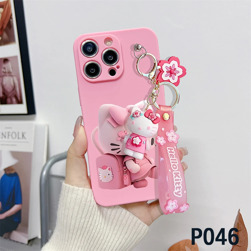 Soft Liquid Silicone Strap Cartoon Hello Kitty Phone Case For iPhone 16 15 14 13 12 11 Pro Max 16 Plus Full Protection Cover