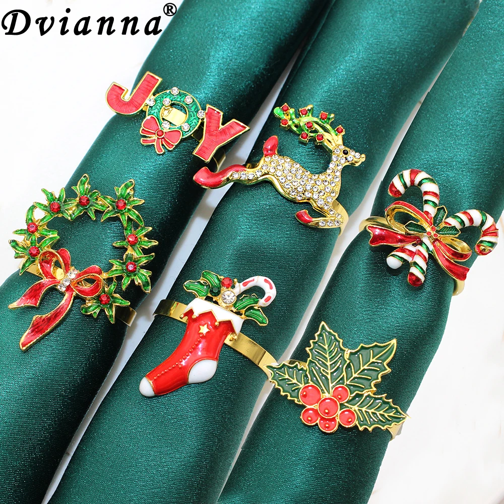 6Pcs Christmas Napkin Rings Wreath Candy Canes Napkin Holder Rings for Holiday Christmas Thanksgiving Home Table Decoration