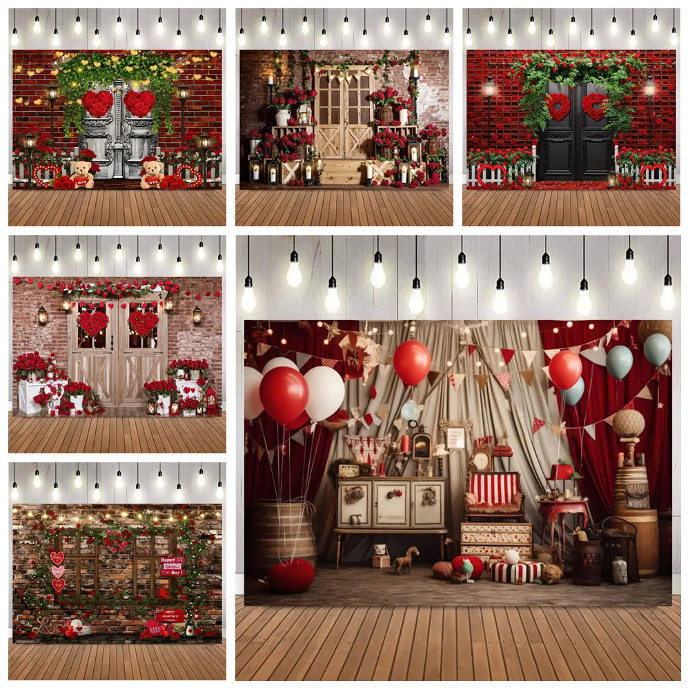 

Valentine's Day Red Rose Brick Wall Photography Backdrop Heart Light Couple Portrait Wedding Bridal Shower Photo Background Prop