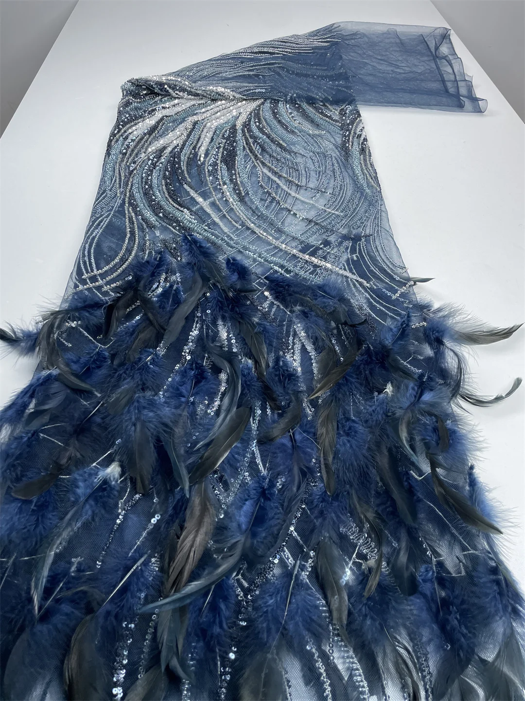 

5 ярдов роскошная 3D перо африканская кружевная ткань с блестками для жениха 2025 Высокое качество французская вышивка бисером кружево нигерийское шитье