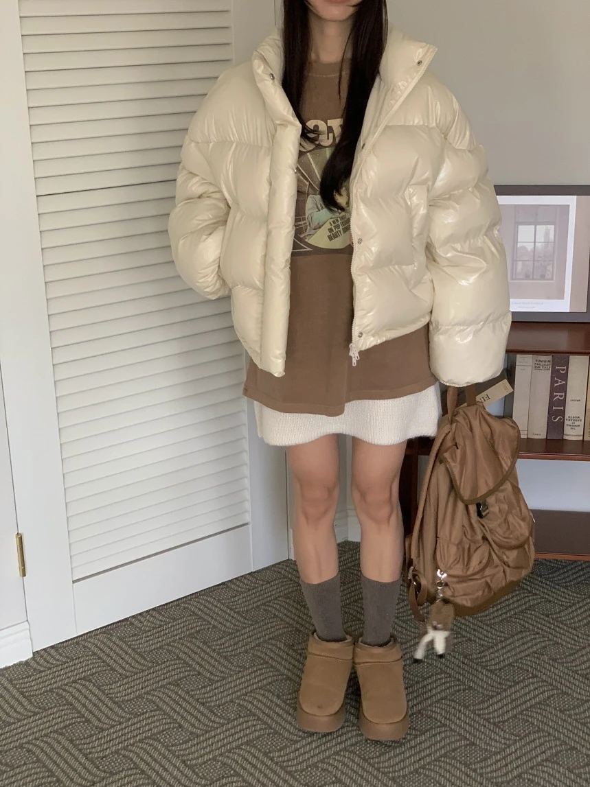 

Women's Thiened Padded Jaet Stand Collar Bread Sle Coat Long Sve ort Length Loose Fit Winter Warm Cotton Outerwear