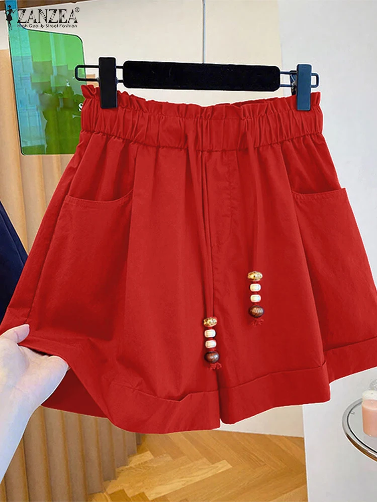 ZANZEA Woman Loose Wide-Leg Shorts 2025 Summer Casual Beaded Elastic High Waist A-Line Short Pants Day Wear Solid Color Bottoms