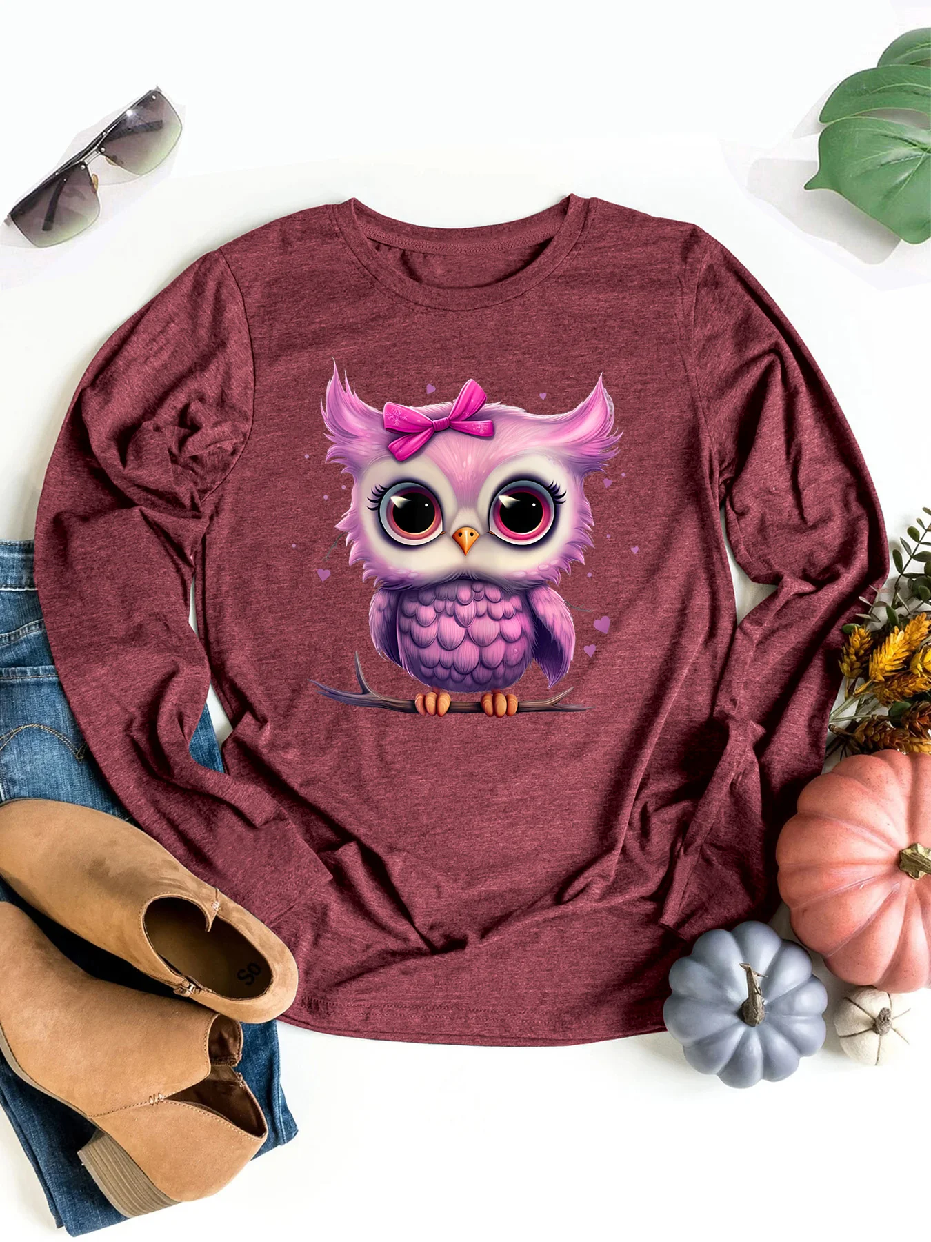 Plus size Cartoon cute bow purple owl print graphic long sleeve T-shirt Retro unisex casual women\'s long sleeve