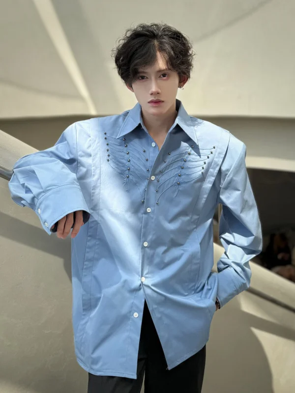 

Spring Summer Snake Eye Embroidery Long Sve Loose Men's irt Faionable Decorative Willow Nail High End Casual Sle