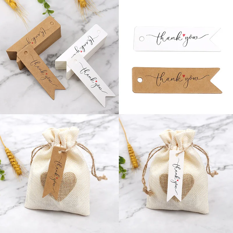 New Thank You Tags Gift Bags Hang Tag Kraft White Paper Labels for Wedding Birthday Party Supplies Packaging Decoration 50pcs