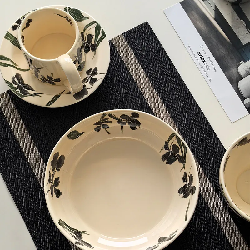 ColorValue Vintage Iris Ceramic Bowls and Plates Set, High-Value Afternoon Tea Coffee Cup Saucer Fruit Plate Dessert Bowl