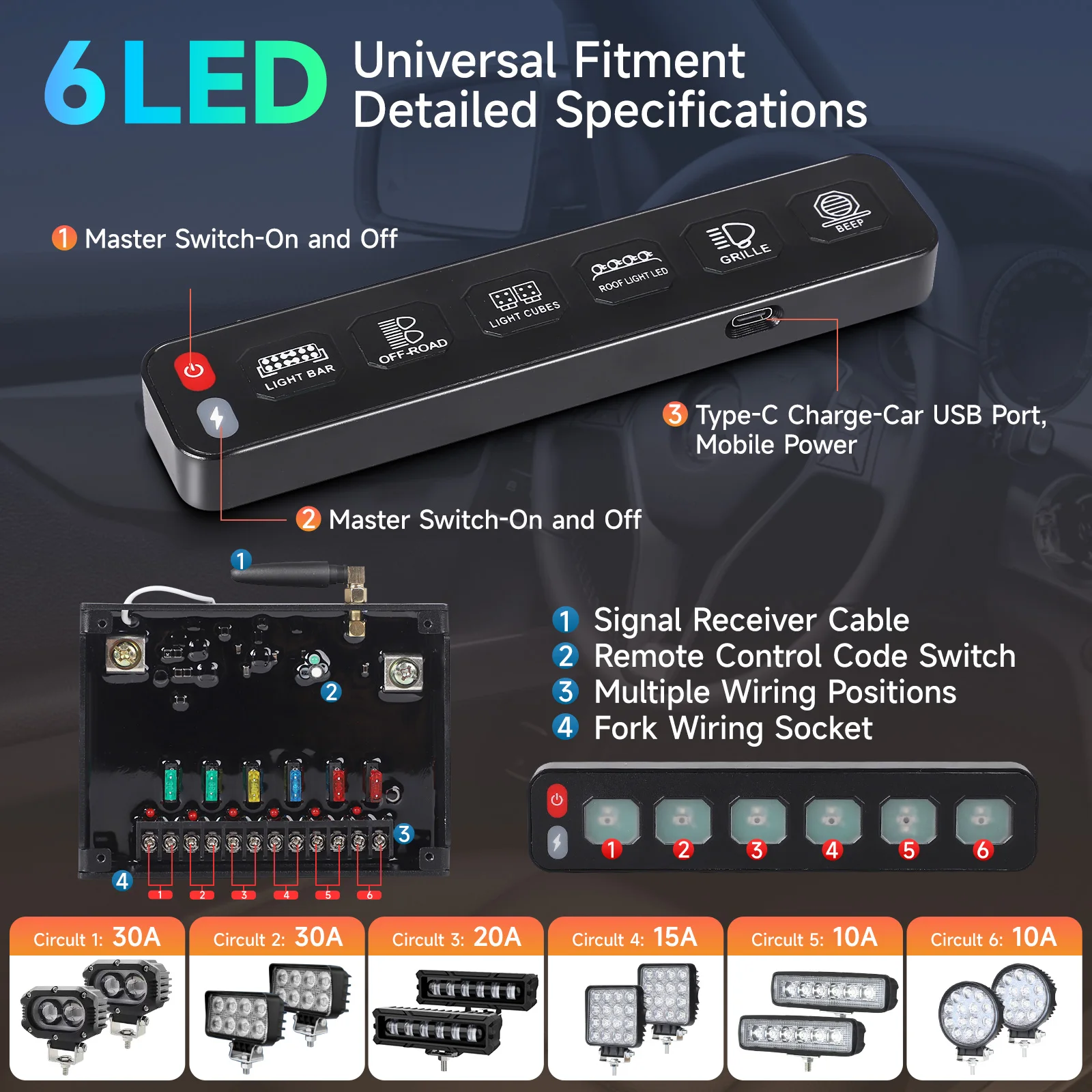 Picture 4: 6 Gang Switch Panel 12-24V Touch Box Universal Individual Strobe Control Switch Wireless RGB Click Flashing For SUV Boat 4x4 Car