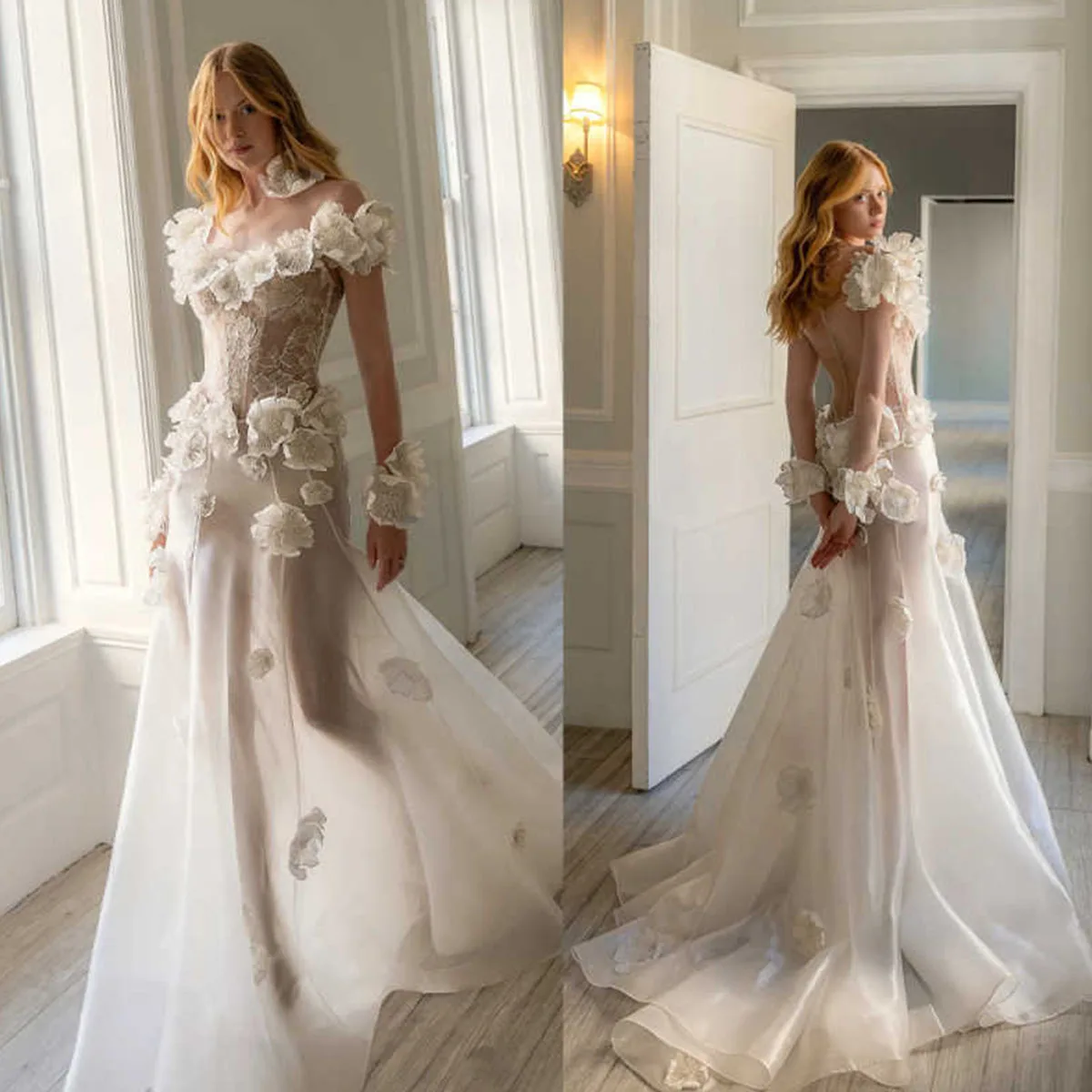 

Свадебные платья-русалки из тюля с аппликациями на заказ для девочек, свадебные платья с открытой спиной, свадебные платья с 3D цветами на плечах, вечерние платья для невесты