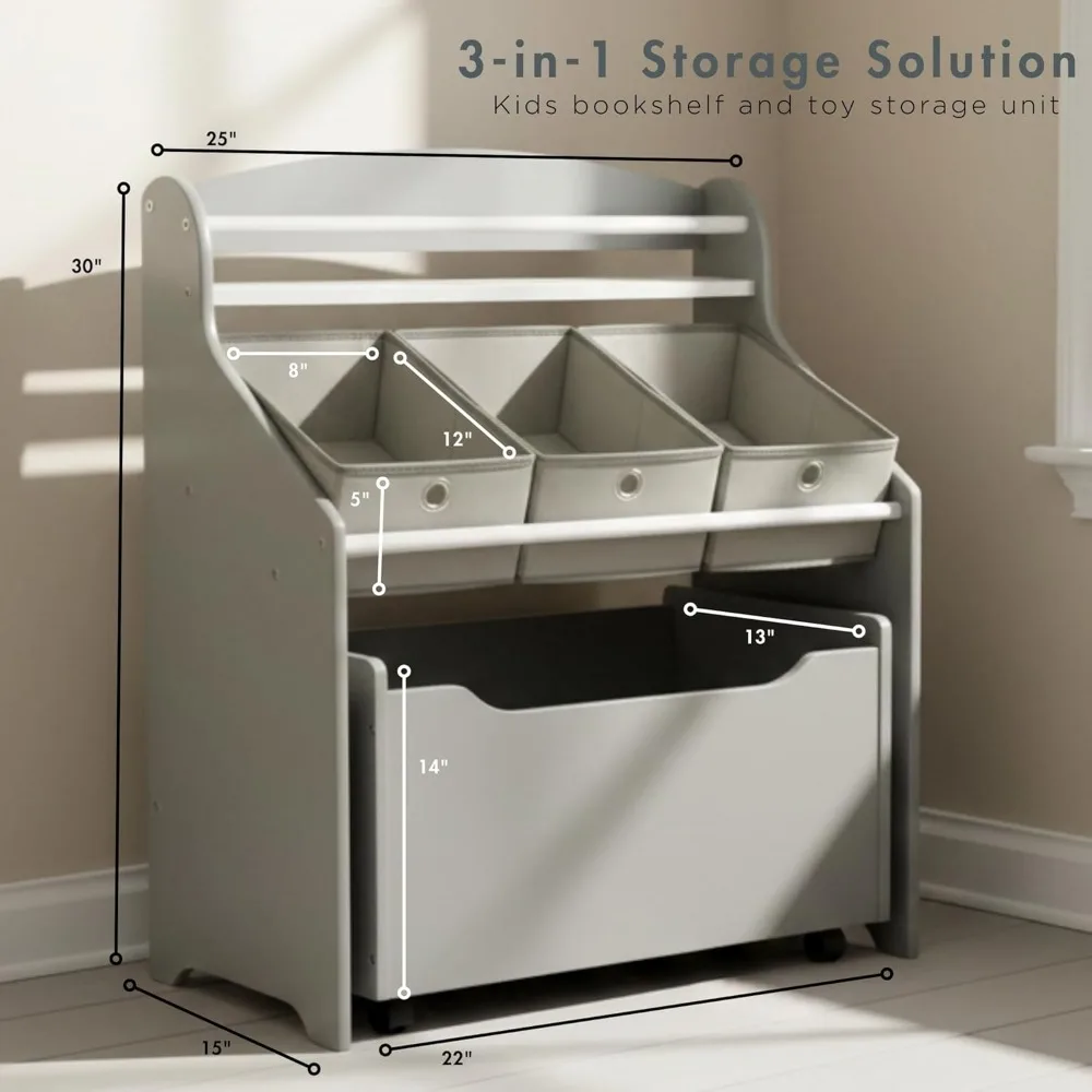 رف كتب للأطفال 3 في 1 ومنظم تخزين الألعاب مع صندوق دوار وصناديق قماش لغرفة اللعب في الحضانة