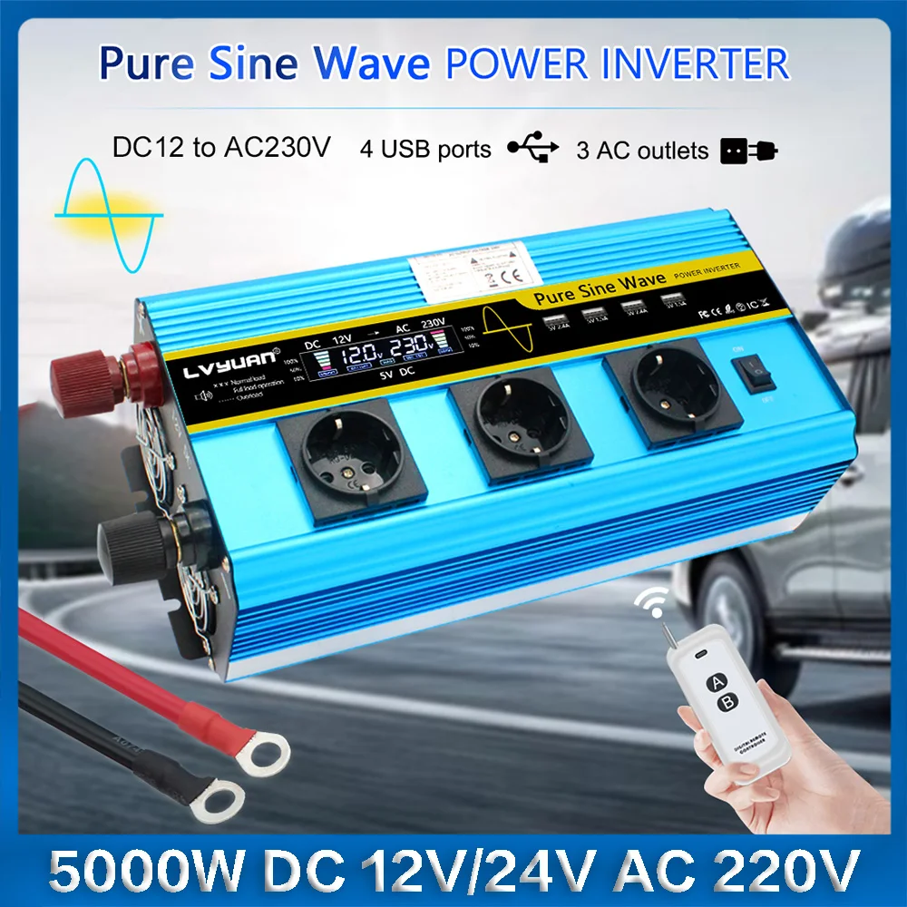

5000W Pure Sine Wave Power Inverter DC12V/24V to AC220V Car Voltage Converter 3AC Socket 4USB Port LCD For RV Camping Emergency