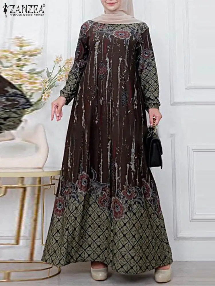 ZANZEA-Taco muçulmano de manga comprida para mulheres, Abaya islâmica elegante, estampado floral, pescoço em O, vestido maxi linha A, moda, casual