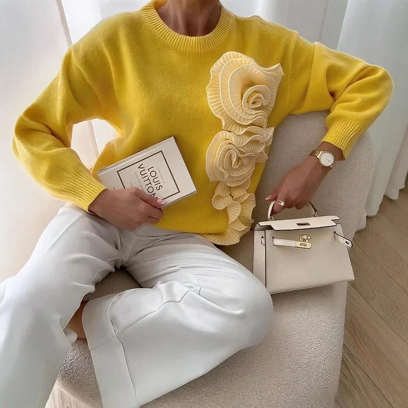 الخريف موضة ثلاثية الأبعاد زهرة الحياكة البلوزات أنيقة س الرقبة مضلع النساء بلايز البلوز الشتاء طويلة الأكمام تريكو الملابس النسائية #3