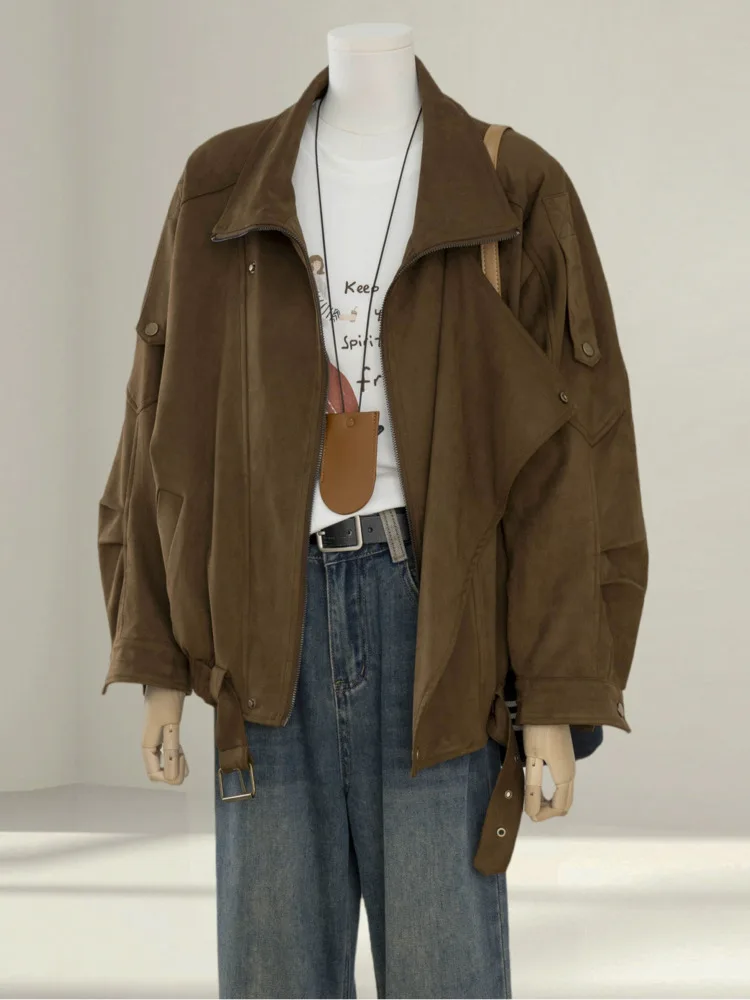 WHTREND براون بدوره إلى أسفل طوق سترة من جلد الغزال للنساء حجم كبير نمط جديد رائع فضفاض تنوعا سستة دراجة نارية معاطف السترة #3