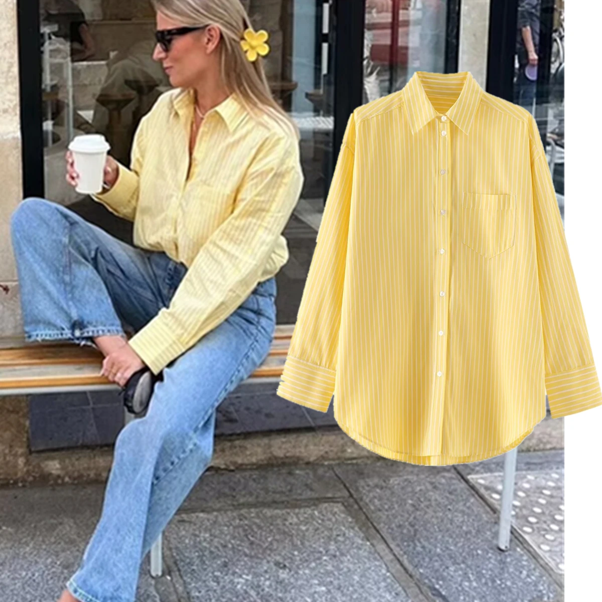 Maxdutti 2024 Shirt Fashion Blogger Yellow Striped Loose Tops Minimalist Shirt Women Boyfriend Vintage Blusas Mujer De Moda